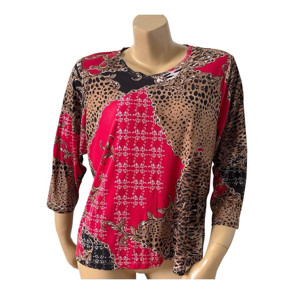 Alia Top Womens Petite Large PL Animal Print 3/4 Sleeve Stretch Boho Shirt